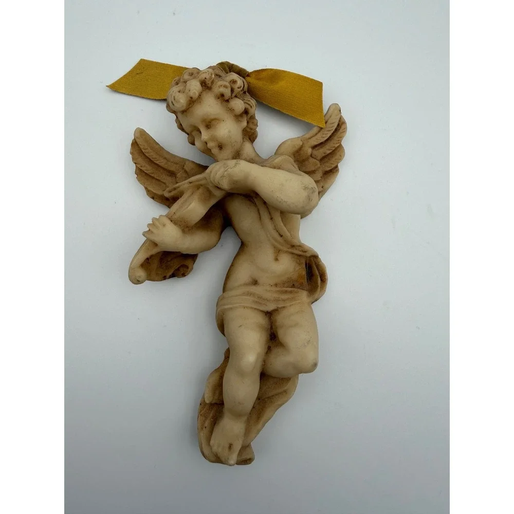 Vintage Cherub Angel Ornaments Set of 2 Ivory Faux Stone Resin Christmas Decor